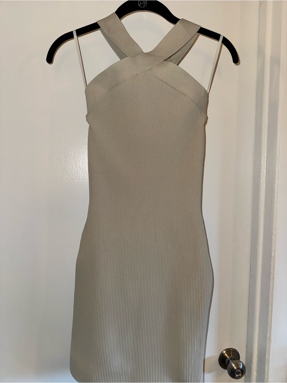 Babaton Aritzia XS Ribbed Knit Criss Cross Halter Midi Dress Beige